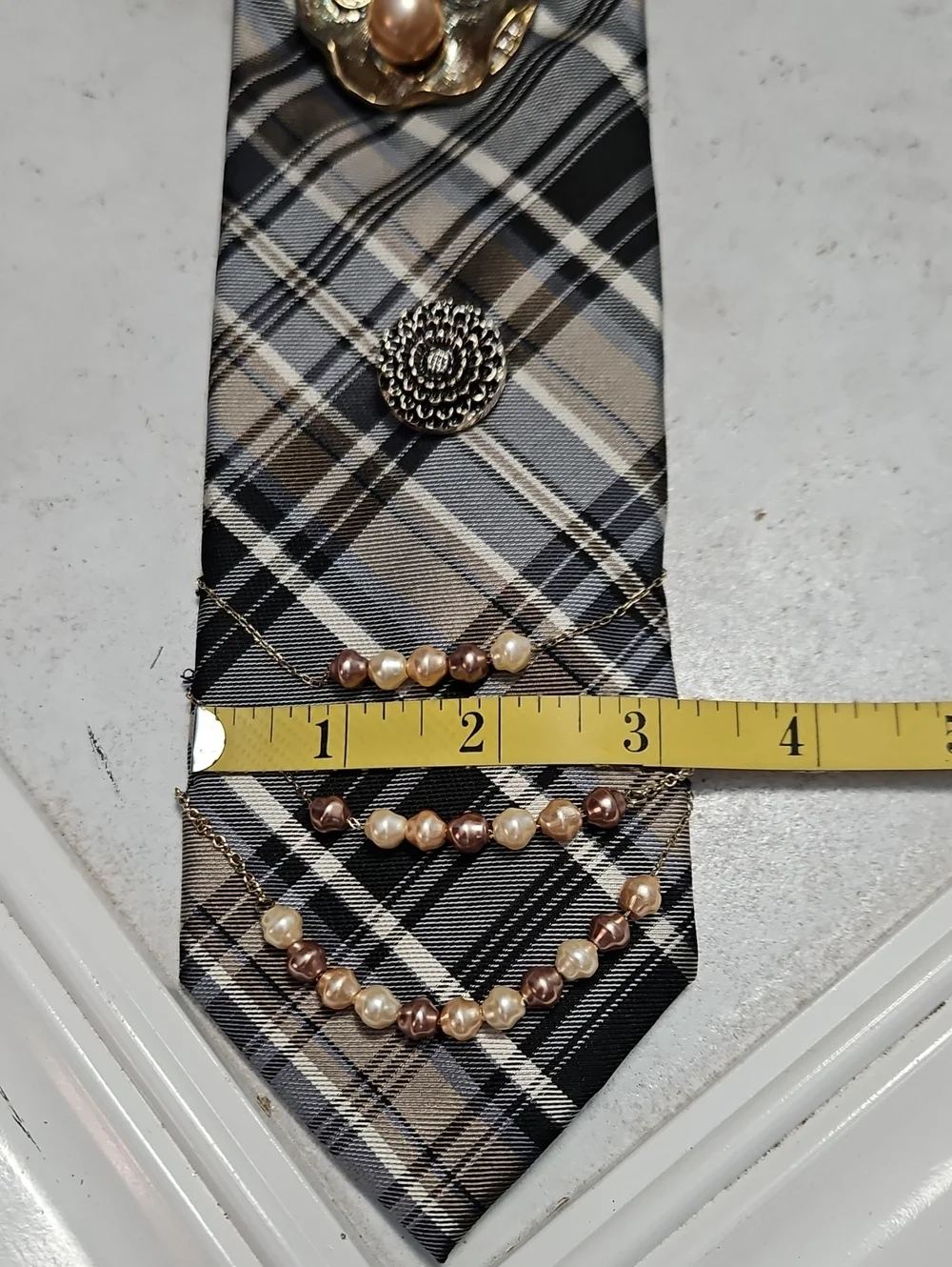 NWT Chaps Silk Blue Plaid Statement Tie Necklace With Faux Pearl Accents